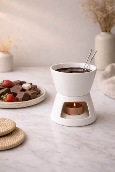 Anadolu Saray Porselen Fondü Seti 2 Çatallı Mum Isıtmalı Çikolata ve Peynir S...