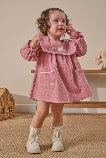 Magu Girls' Cotton Dusty Rose Rabbit Embroidered Collar Pocket Dress - Long S...