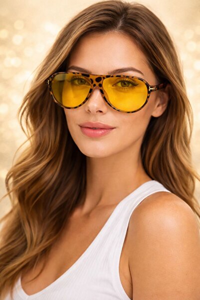 TomyHelf Retro Pilot Leopard Pattern Sunglasses Orange Glass Uv400