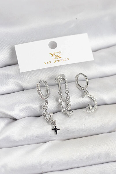 shopwave طقم أقراط من النحاس الفضي اللون مرصع بحجر الزركون طراز YSX Trio