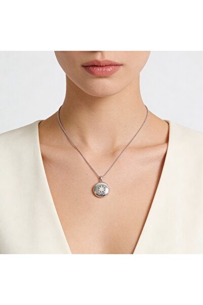 PinaCity Çelik Alya Kolye,Ay Yıldızlı,Güneş,Çift Taraflı Gümüş Rengi