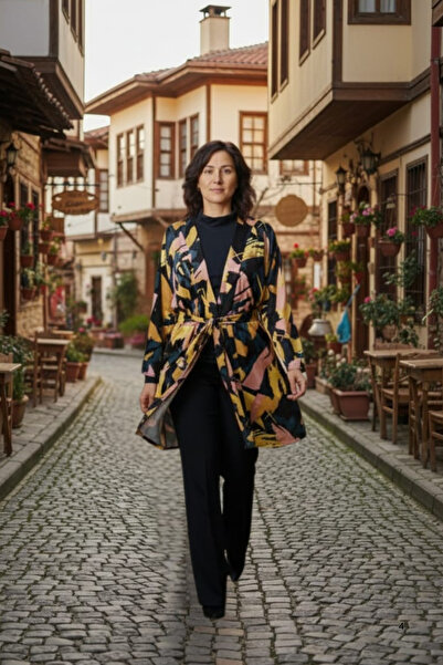 BNZ TEKSTİL Viscose Fabric Belted Geometric Patterned Women's Tie-Up Black Ki...