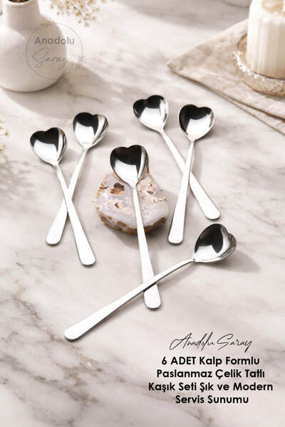 Anadolu Saray 6 ADET Kalp Formlu Paslanmaz Çelik Tatlı Kaşık Set Şık ve Moder...