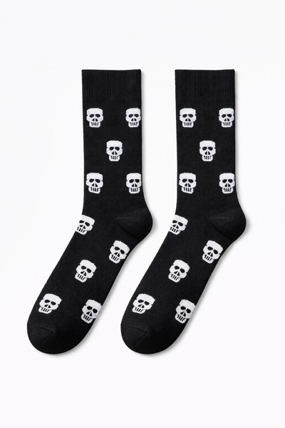 Men's Cotton Casual Socks – Skull Print, Black/White, High Quality