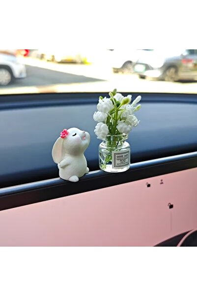 Vira Rise Cute Mini Rabbit and White Flower Vase Miniature Car Glove Box Acce...