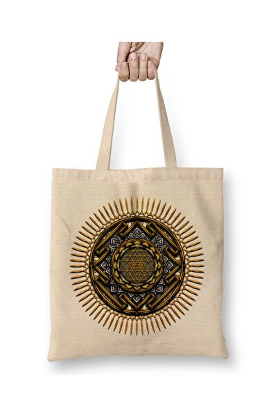 Toyaso Mandala Teeshirts Mandala Sri Yantra Λευκή υφασμάτινη τσάντα με μακρύ ...