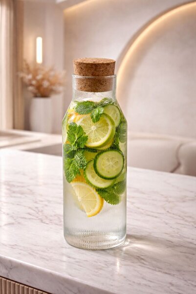 YzHome 1 Liter Glass Detox Flask Water Bottle with Cork Lid 28cm