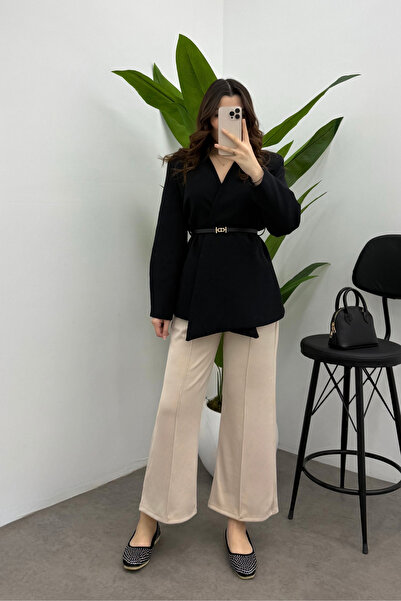 Yefrastore Women's Cream Elastic Waist Scuba Comfortable Cut Trousers