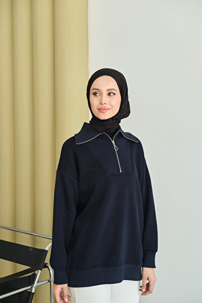 LOCCO Γυναικείο μπλουζάκι με μισό φερμουάρ σε μπλε ναυτικό