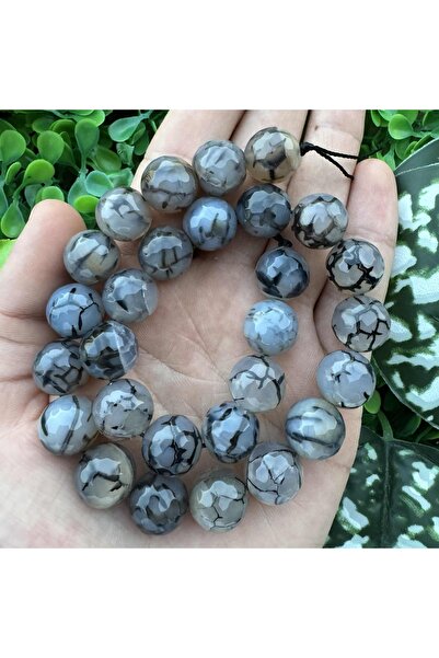 TAŞ UZMANI Faceted Sphere Grey-Black Veined Agate Stone 14mm