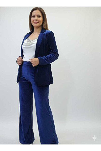 SHEGGY Kadın Kadife Takım Pantolon Ceket Saks Mavi