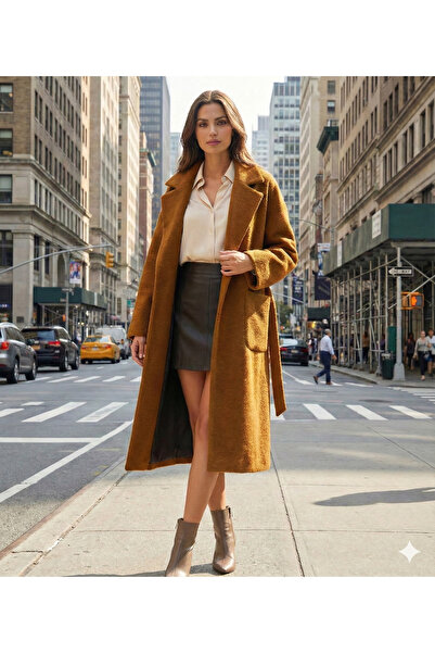 Yake 8032 Kuşaklı Rahat Kalıp Düğmesiz Cep Detaylı Kaşe Kaban Tarçın