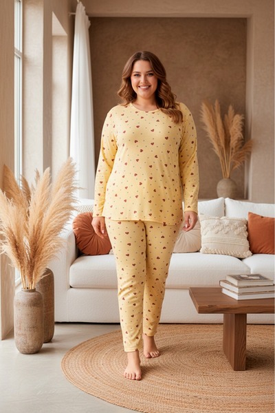 LİLA İÇ GİYİM Battal Red Heart Detailed Plus Size Pajama Set