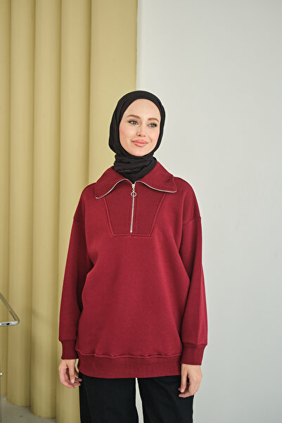 LOCCO Hanorac pentru femei cu jumătate de fermoar, roșu claret