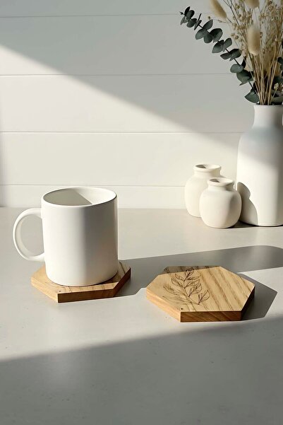 Rivaİstanbul Wooden Hexagonal 100% Chestnut Wood Set of 2 Coasters
