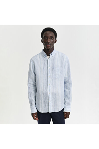 Gant Erkek Mavi Regular Fit Düğmeli Yaka Çizgili Gömlek