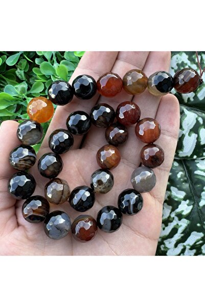 TAŞ UZMANI Faceted Sphere Black-Brown Agate Stone 14mm