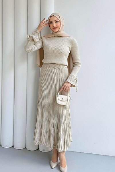 Modaensarbutik Simli Triko Etekli Tesettür Takım-KREM