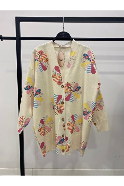 Hatun Atila Long Knit Cardigan with Denim Detail on the Sleeves - 1180