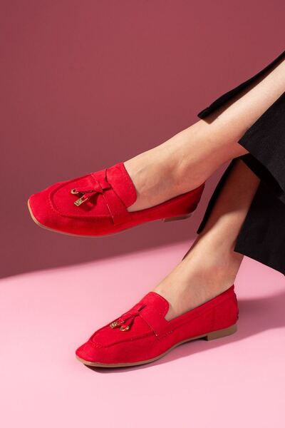 FUGA MODA Viona Red Suede Loafer Ballet Flats with Mini Bow Accessory