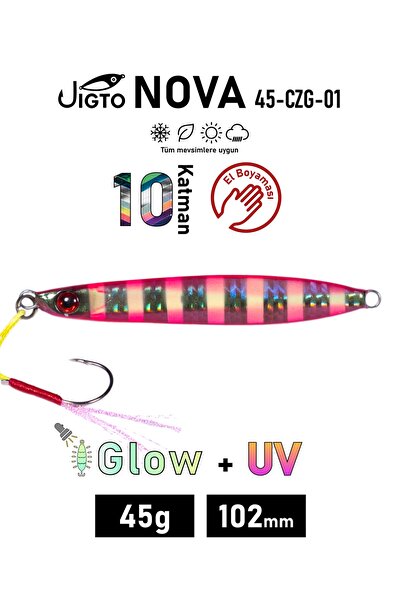 Jig, Zoka, Suni Yem, Glow UV Metal Jig, 45Gr 10cm NOVA-45 Pembe, Beyaz