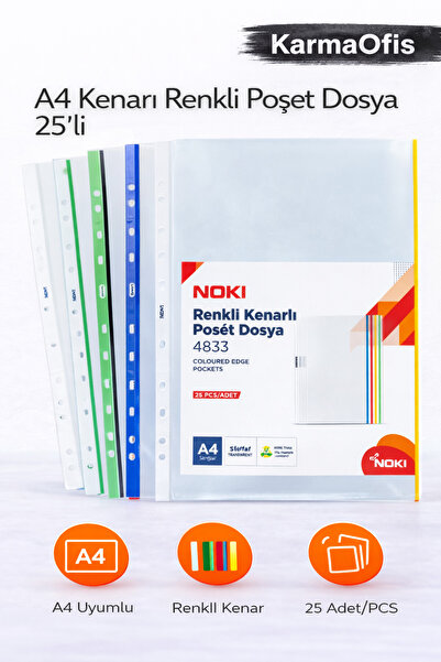 KarmaOfis A4 Colored Edge File Bag 25 Pack – Transparent Pp Document Protecti...