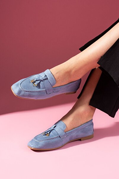 FUGA MODA Viona Baby Blue Suede Loafer Ballet Flats with Mini Bow Accessory