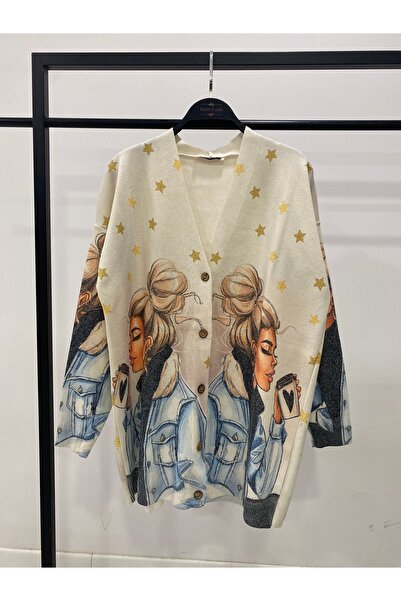 Hatun Atila Long Knit Cardigan with Denim Detail on the Sleeves - 1180