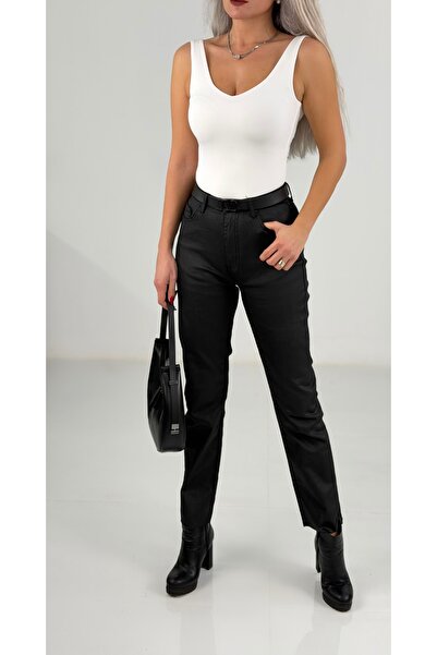 KAROL Yüksek Bel Deri Görünümlü Pantolon - Siyah