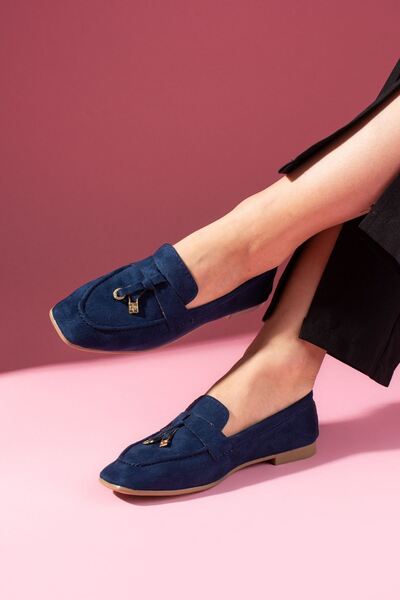 FUGA MODA Viona Navy Blue Suede Loafer Ballet Flats with Mini Bow Accessory