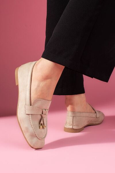 FUGA MODA Viona Beige Suede Loafer Ballet Flats with Mini Bow Accessory