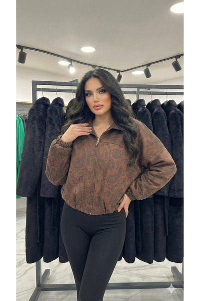 ribana Women's Brown Lined Shirt Collar Ethnic Patterned Transitional Bomber ...