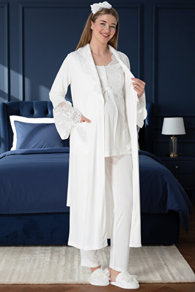 BLACKMORE طقم بيجامة نسائية للحوامل مكون من 3 قطع مع روب أمامي بأزرار ودانتيل...