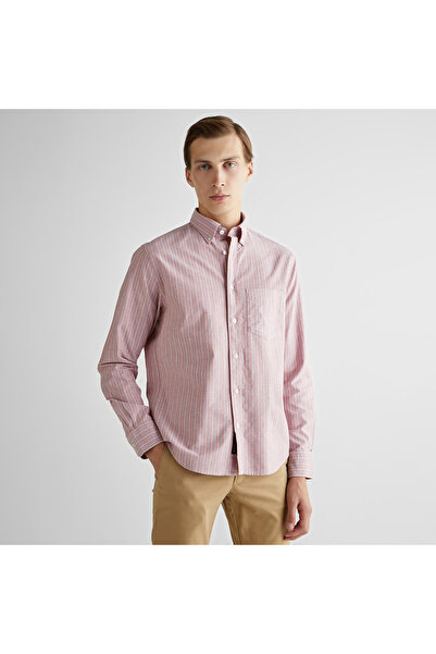 Gant Erkek Kırmızı Regular Fit Düğmeli Yaka Çizgili Gömlek