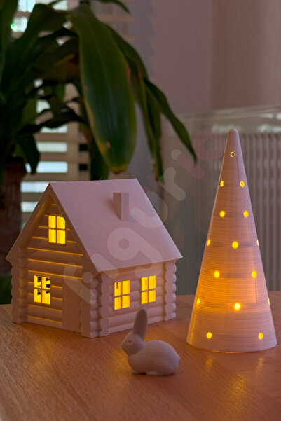 figurio Tealight Dekoratif Ev ve Çam Ağaç Seti / 2'li Set / Tavşan Hediyeli