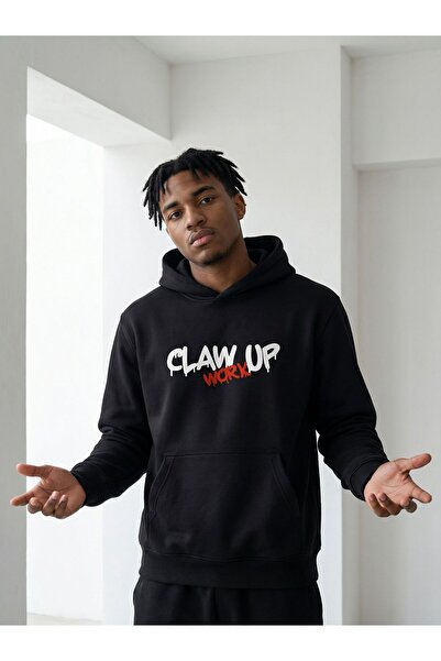 CLAW UP WORK ОВЕРСАЙЗ ХУДИ | BLACKOUT PRINTED (Унисекс памучна мека текстурир...