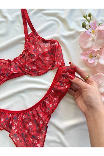 ELAN WEAR Women's Lace Ruffle Detailed Red Two-Piece Set