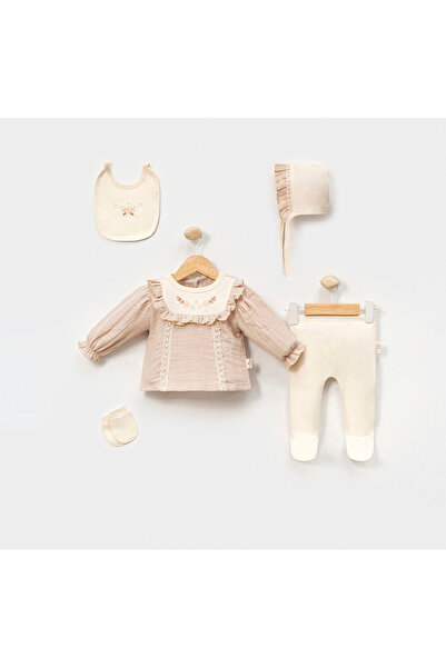 ATELİER GİZEM Baby Girl Embroidered Muslin Fabric 5-Piece Baby Set