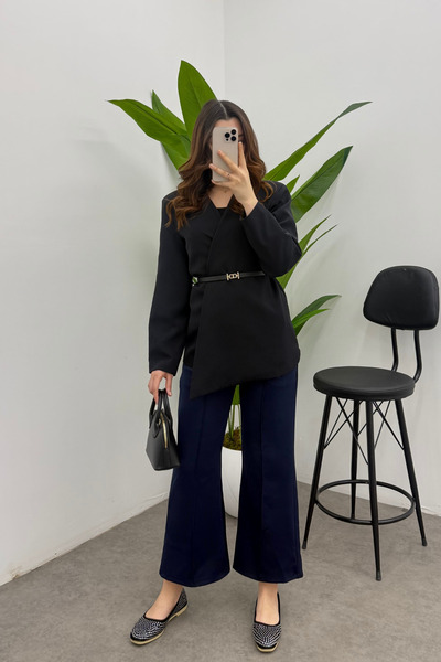 Yefrastore Women's Navy Blue Elastic Waist Scuba Comfortable Cut Trousers