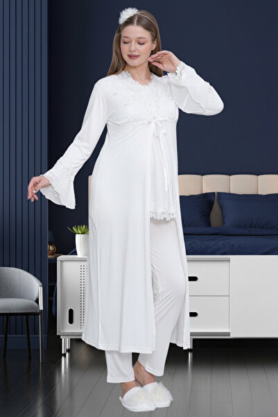 BLACKMORE طقم بيجامة نسائية للحوامل مكون من 3 قطع مع روب دانتيل خاص بلون الإكرو