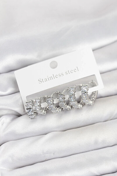 Generic Brand Mey Import ®   316L Steel Silver Color Baguette Zircon Stone Ho...