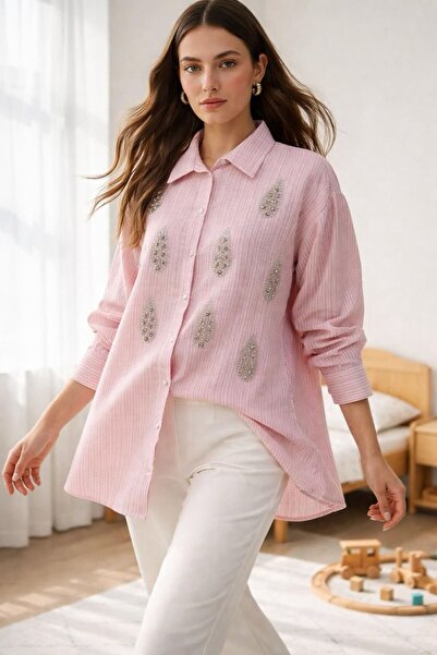 Gönülden Tasarım Pink and White Striped Zircon Stone Embroidered Women's Shirt