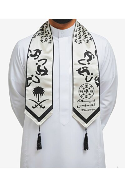 Saudi Arabia Saudi Founding Day White/Cream Black Color Embroidery Scarf
