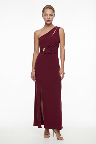 Lafaba Rochie maxi elegantă pentru femei, bordeaux, cu un singur umăr, cu det...