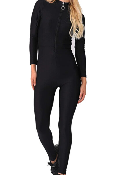 OEM Shiny jumpsuit, women, sports, lycra, Black, with zipper
