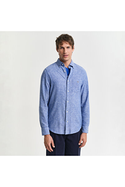 Gant Erkek Lacivert Regular Fit Düğmeli Yaka Keten Gömlek
