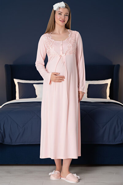 BLACKMORE Kadın Pudra Özel Dantelli Pamuklu Lohusa Hamile Gecelik Sabahlık 2'...