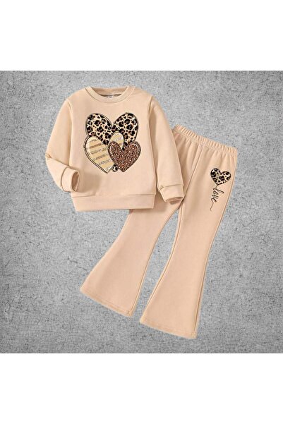 Kids Çocuk Bej Kalp Baskılı İspanyol Alt Üst 2'Li Takım