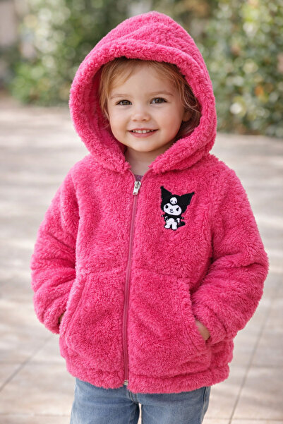 Uğur bebe Fuchsia Kuromi Patterned Plush Cardigan |   Double Pocket, Ultra So...