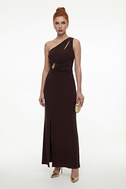 Lafaba Women's Brown One Shoulder Accessory Detail Maxi Stylish Dress
